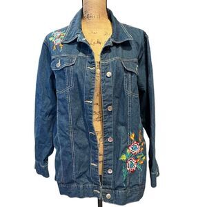 Tudor Court Women's XL Denim Jacket Blue Embellished Floral Casual